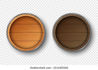 Vector 3d Realistic Wooden Barrel Lid For Storing Alcoholic Beverages Set. Brown Beer, Wine Wooden Barrels. High Detailed Wood Vector Barrel Of Wine Or Beer Icon. Top View