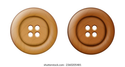 Vector 3d Realistic Wooden Button for Clothes Icon Set Closeup Isolated. Fashion, Art, Needlework, Sewing, Scrapbooking Decor. Round Clothes Button Design Template, Front View