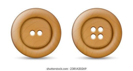 Vector 3d Realistic Wooden Button for Clothes Icon with Shadow Set Closeup Isolated. Fashion, Art, Needlework, Sewing, Scrapbooking Decor. Round Clothes Button Design Template, Top View