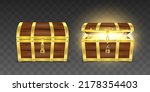 Vector 3d Realistic Wooden Chest with Opened and Closed Lid and Padlock. Pirate Treasure Box with Magic Glow Inside. Old Wood Trunk with Golden Fetter. Empty Vintage Coffer Isolated