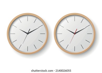 Vector 3d Realistic Wooden Light Brown Wall Office Clock Icon Set. Design Template of Wall Clock Closeup Isolated on White Background. Mock-up for Branding and Advertise. Front View