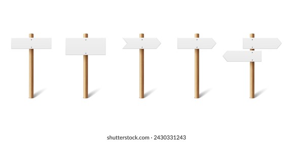 Vector 3D Realistic Wooden Sign Post Set. Realistic Blank Road Signboard. Plywood Pointer, Timber Design Template in Front View. Signpost for Pointing Direction, Navigation, Directional Concept