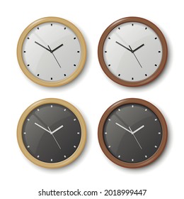 Vector 3d Realista Wooden Wall Office Clock Icon Set Aislado en Blanco. Marcado blanco, marcado negro. Plantilla de diseño de cierre de reloj de pared. Burla para promoción de marca y publicidad. Vista frontal superior