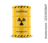 Vector 3d Realistic Yellow Barrel, Hazard Liquid. Caution, Radioactive, Hazardous Chemical Materials, Toxic Pollution, Danger Barrel with Nuclear Sign CLoseup Isolated. Front View
