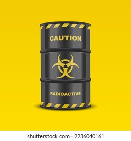 Vector 3d Realistic Yellow Barrel, Hazard Liquid. Caution, Radioactive, Hazardous Chemical Materials, Toxic Pollution, Danger Barrel with Nuclear Sign Closeup Isolated. Front View