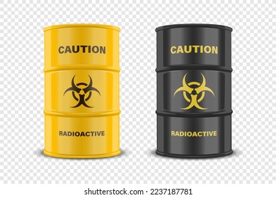 Vector 3d Realistic Yellow Barrel, Hazard Liquid. Caution, Radioactive, Hazardous Chemical Materials, Toxic Pollution, Danger Barrel Set with Biohazard Sign Closeup Isolated. Front View
