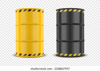 Vector 3d Realistic Yellow Barrel, Hazard Liquid. Caution, Radioactive, Hazardous Chemical Materials, Toxic Pollution, Danger Barrel Set with Biohazard Sign Closeup Isolated. Front View