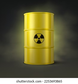 Vector 3d Realistic Yellow Barrel on Black Smoked Background, Nuclear Sign, Hazard Liquid. Caution, Radioactive, Hazardous Chemical Materials, Toxic Pollution, Danger Barrel Closeup. Front View