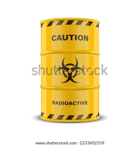 Vector 3d Realistic Yellow Barrel, Hazard Liquid. Caution, Radioactive, Hazardous Chemical Materials, Toxic Pollution, Danger Barrel with Nuclear Sign Closeup Isolated. Front View