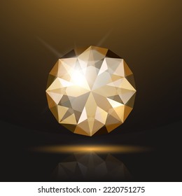 Vector 3d Realistic Yellow, Brown, Beige Transparent Round Glowing Gemstone, Diamond, Crystal, Rhinestone Closeup on Black Background. Jewerly Concept. Design Template, Banner