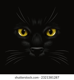 Vector 3d Realista Amarillo, Marrón, Ojos Naranja de un gato negro en la oscuridad, de noche. Cara de gato con Sí, Nariz, Whiskers en negro. El cierre del gato mira en la oscuridad. Vista frontal