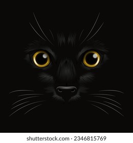 Vector 3d Realistic Yellow Cats Eye of a Black Cat in the Dark, at Night. Cat Face with Yes, Nose, Whiskers on Black. Cat Closeup Look in the Darkness. Front View