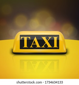 Vector 3d Realistic Yellow French Taxi Sign Icon with Reflection Closeup Isolated on Black Background. Design template for Taxi Service, Mockup. Front View