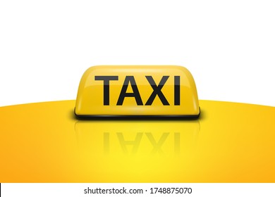 Vector 3d Cartel realista de Taxi Francés Amarillo en el cierre del techo de coches aislado en fondo blanco. Plantilla de diseño para servicio de taxi, mockup. Vista frontal