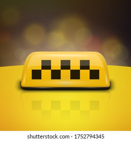 Icono de seña de taxi amarillo francés vectorial 3d con cierre de reflexión aislado en fondo negro. Plantilla de diseño para el servicio de taxi, Mockup. Vista frontal