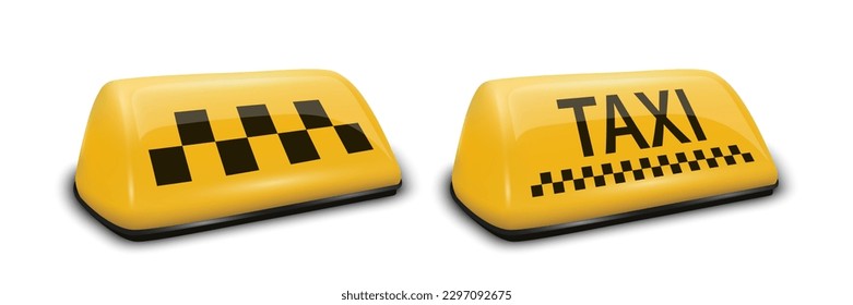 Vector 3d Realistic Yellow French Taxi Sign Icon Set Closeup Isolated. Design template for Taxi Service, Mockup. Half Turn View