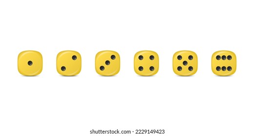 Vector 3d Juego Realista Aislado Icono De Dice De Juego Amarillo Cerrado. Cubos de juego para juegos de azar, casinos de uno a seis puntos, bordes redondos
