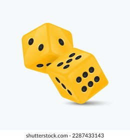 Vector 3d Dice De Juego Amarillo Realista con Puntos Negros Set Closeup Aislado en Fondo Blanco. Pareja de Cubos de Juego para apostar en diferentes posiciones, juegos de casino, bordes redondos