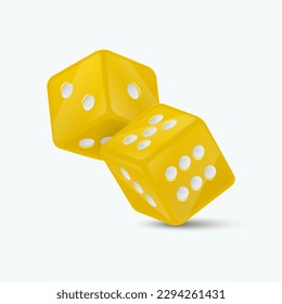 Vector 3d Realistic Yellow Game Dice with White Dots Set Closeup Isolated on White Background. Game Cubes Couple for Gambling in Different Positions, Casino Dices, Round Edges