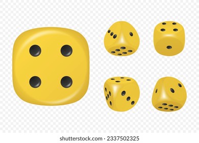 Vector 3d Realistic Yellow Game Dice with Black Dots Set in Different Positions Isolated. Gambling Games Design, Casino, Poker, Tabletop, Board Games. Realistic Cubes, Random Numbers, Rounded Edges