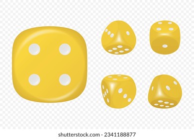 Vector 3d Realistic Yellow Game Dice Set in Different Positions Isolated. Gambling Game Dices Design Templates for Casino, Poker, Tabletop, Board Games. Realistic Cubes, Random Numbers, Rounded Edges