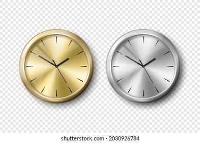 Vector 3d Realistic Yellow Golden and Grey Silver or Steel Wall Office Clock Icon Set Isolated. Metal Dial. Design Template of Wall Clock Closeup. Mock-up for Branding and Advertise. Top, Front View