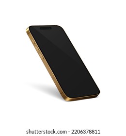 Plantilla de diseño de Smartphone moderno dorado y realista Vector 3d con pantalla negra. Teléfono móvil aislado. Interfaz de usuario de dispositivo de teléfono UX, vista de teléfono en mitad de turno
