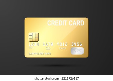 Vector 3d Realistic Yellow Golden Credit Card on Black Background. Design Template of Plastic Credit or Debit Card for Mockup, Branding. Credit Card Payment Concept. Front View