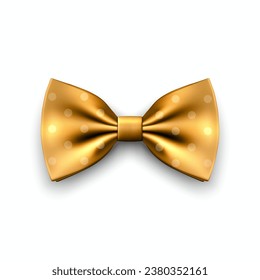 Vector 3d Realistic Yellow Golden Bow Tie Icon Closeup Isolated on White Background. Silk Glossy Bowtie, Tie Gentleman. Mockup, Design Template. Bow tie for Man. Mens Fashion, Fathers Day Holiday