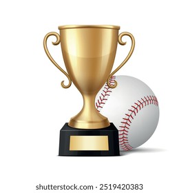 Vetor 3D Realistic Yellow Golden Champion Cup e Baseball Set. Metal Trophy Design Template for Sports Championship (em inglês). Troféu e Beisebol, Vista frontal. Ilustração vetorial para conceitos esportivos