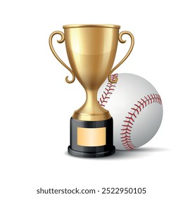 Vector 3D Realistic Yellow Golden Champion Cup und Baseball-Set. Metal Trophy Design-Vorlage für Sport-Meisterschaft. Pokal und Baseball, Vorderansicht. Vektorgrafik für Sportkonzepte