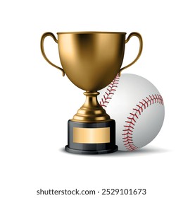 Vector 3D Realistic Yellow Golden Champion Cup und Baseball-Set. Metal Trophy Design-Vorlage für Sport-Meisterschaft. Pokal und Baseball, Vorderansicht. Vektorgrafik für Sportkonzepte