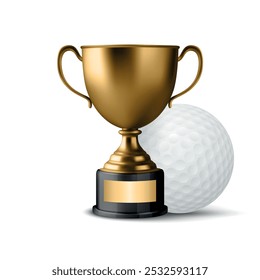 Vetor 3D Realistic Yellow Golden Champion Cup e Golf Ball Set. Metal Trophy Design Template for Sports Championship (em inglês). Troféu e Bola de Golfe, Vista Frontal. Ilustração vetorial para conceitos esportivos