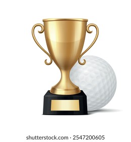 Vetor 3D Realistic Yellow Golden Champion Cup e Golf Ball Set. Metal Trophy Design Template for Sports Championship (em inglês). Troféu e Bola de Golfe, Vista Frontal. Ilustração vetorial para conceitos esportivos