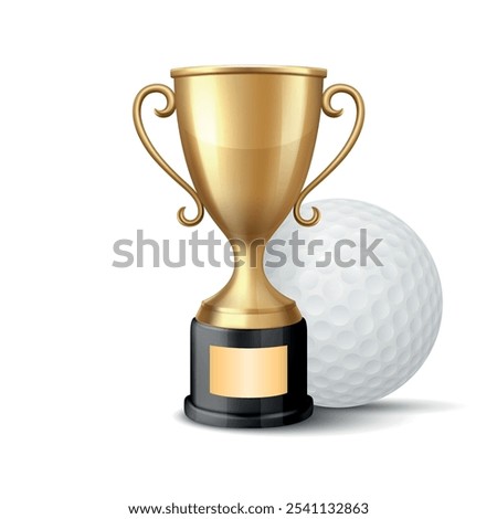 Vector 3D Realistic Yellow Golden Champion Cup and Golf Ball Set. Metal Trophy Design Template for Sports Championship. Trophy and Golf Ball, Front View. Vector Illustration for Sports Concepts