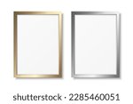 Vector 3d Realistic Yellow and Gray Metal, Golden, Silver Color Decorative Vintage Frame Set, Border Icon Closeup Isolated. Vertical A4, A5 Photo Frame Design Template for Picture, Border Design