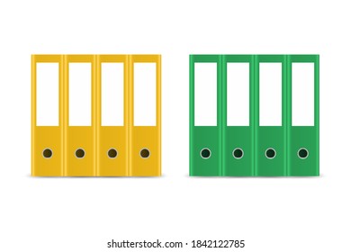 Vector 3d Realistic Yellow and Green Blank Office Binder for A4 Paper Sheet Set Closeup Isolated on White Background. Design Template for Mockup, Back Side View