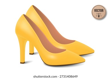 Vector 3d Realista Amarillo Par de Tacones Altos. Zapatos de mujer realistas con tacón de aguja para el cartel de la moda, Anuncio de la tienda de zapatos, Catálogo de la ropa, marca del calzado, diseño elegante del traje, tienda en línea