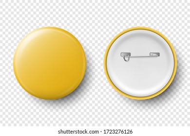 Vector 3d Realistic Yellow Metal, Plastic Blank Button Badge Icon Set Isolated on Transparent Background. Top View - Front and Back Side. Template for Branding Identity, Logo, Presentations. Mock-up