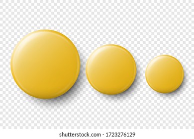 Vector 3d Realistic Yellow Metal, Plastic Blank Button Badge Set Different Sizes Closeup Isolated on Transparent Background. Top View. Template for Branding Identity, Graphic Presentations. Mock-up
