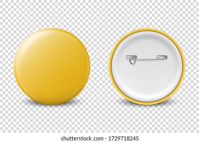 Vector 3d Realistic Yellow Metal, Plastic Blank Button Badge Icon Set Isolated on Transparent Background. Front and Back Side View. Template for Branding Identity, Logo, Presentations. Mock-up