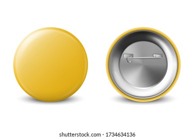 Vector 3d Realistic Yellow Metal, Plastic Blank Button Badge Icon Set Isolated on White Background. Front and Back Side View. Template for Branding Identity, Logo, Presentations. Mock-up