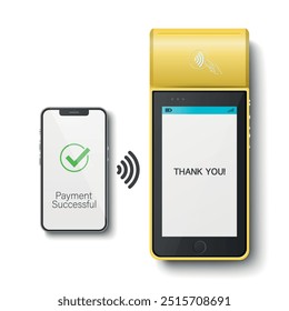 Vector 3D realista amarillo NFC terminal de pago y primer plano del teléfono inteligente. Pago correcto, Transacción. Máquina de pago, Estado aprobado. Plantilla del diseño, terminal sin contacto del pago del banco