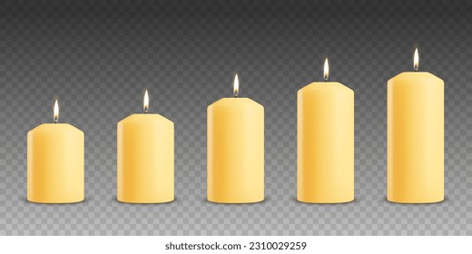 Vector 3d Realistic Yellow, Orange Paraffin Wax Burning Party, Spa Candle Set with Flame of a Candle, Isolated. Different Size Collection. Design Template, Front View