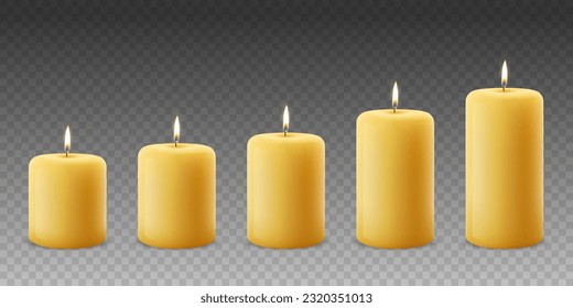 Vector 3d Realistic Yellow, Orange Paraffin Wax Burning Party, Spa Candle Set with Flame of a Candle, Isolated. Different Size Collection. Design Template, Front View