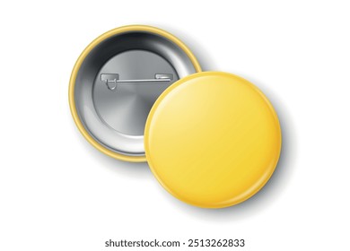 Vector 3D Realistic Yellow Round Pin Badge Mockup Closeup Isolated. Blank Button Badge Design Template for Events. ID Badge, Front, Back Side View. Pin Badge for Events and Branding