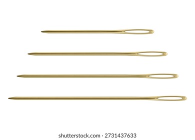 Agujas de coser amarillas realistas del Vector 3d fijadas en cuatro tamaños. Grande Ojo Cosido a Mano y Agujas de Darning Aisladas. Kit de aguja de bordado de sastrería para artesanía y reparación