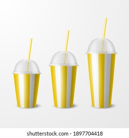 Vector 3d Realistic Yellow Striped Paper Disposable Isolated Cup with Lid, Straw Set. Beverage, Drinks, Coffee, Soda, Tea, Cocktail, Milkshake. Design Template of Packaging for Mockup. Front View