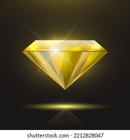 Vector 3d Realistic Yellow Transparent Triangle Glowing Gemstone, Diamond, Crystal, Rhinestone Closeup on Black Background. Jewerly Concept. Design Template, Banner