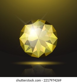 Vector 3d Realistic Yellow Transparent Round Glowing Gemstone, Diamond, Crystal, Rhinestone Closeup on Black Background. Jewerly Concept. Design Template, Banner